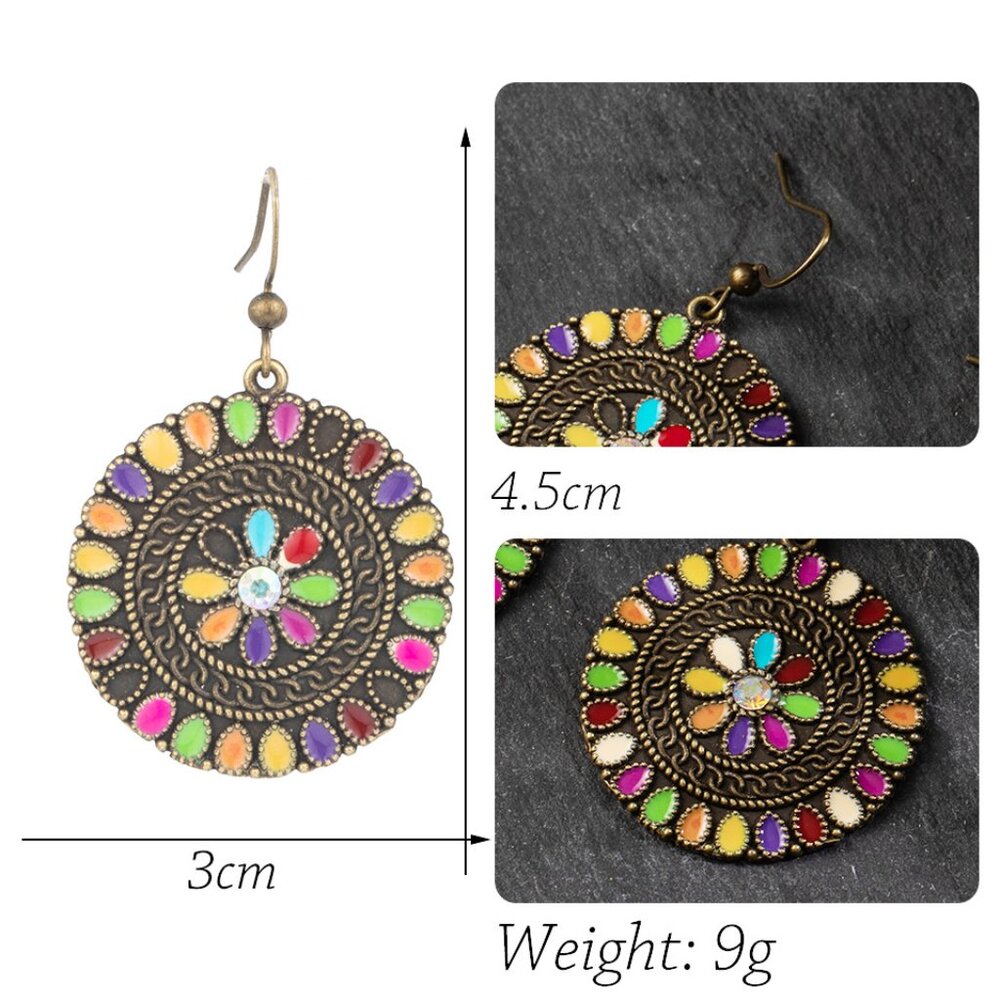 3/$35 Ethnic Dangle Drop Fashion Earrings Antique Gold Round Colourful Stones - Picture 4 of 7